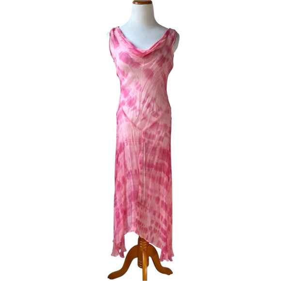 Vintage Dresses & Skirts - 100% silk sheer Y2K pink tie dye midi dress